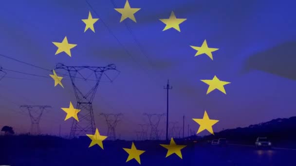 Animation European Union Flag Eletricity Pylons Field Sunset European Union — Stock Video