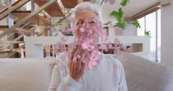 Animation Pink Hearts Happy Caucasian Senior Woman Making Video Call — Stock Video