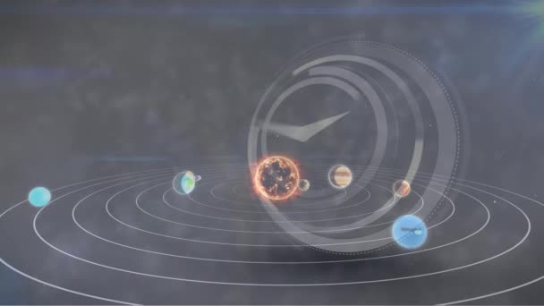 Animation Von Sonnensystemen Planeten Und Weltraum Über Tickende Uhr Globales — Stockvideo