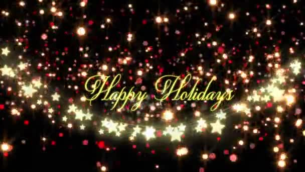 Animáció Boldog Ünnepeket Szöveget Csillagok Fényfoltok Fekete Háttér Karácsony Hagyomány — Stock videók