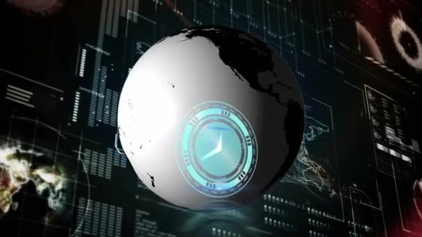 Animación Del Reloj Todo Mundo Procesamiento Datos Pantalla Negocio Global — Vídeos de Stock