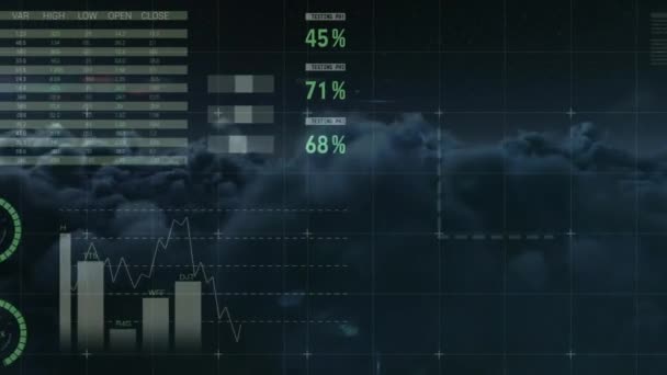 Анимация Обработки Статистики Над Небом Облаками Глобальная Обработка Данных Концепция — стоковое видео