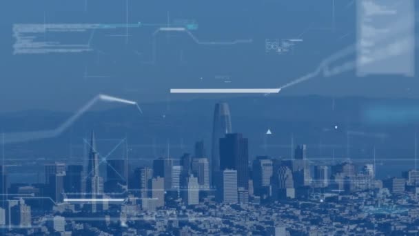 Animation Der Datenverarbeitung Auf Bildschirmen Über Dem Stadtbild Globale Verbindungen — Stockvideo