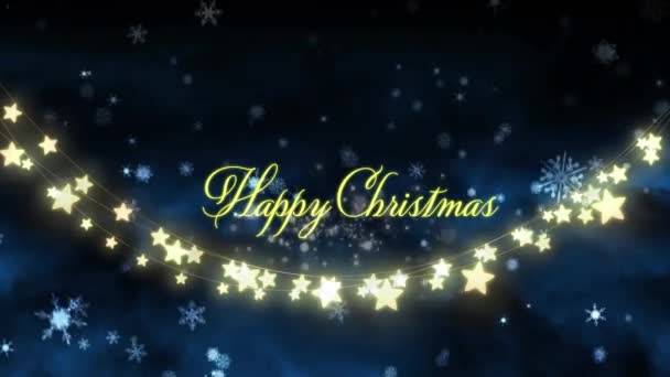 Animação Texto Natal Feliz Sobre Luzes Fadas Neve Caindo Estrelas — Vídeo de Stock