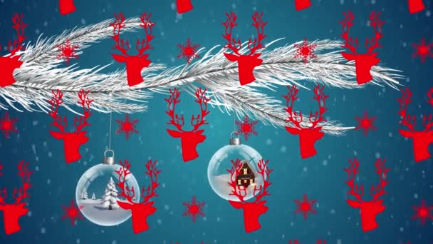 驯鹿和雪花在飘落在树枝上的灌木丛之上的雪地上 形成了无缝图案的图标 圣诞节的庆祝和庆祝概念 — 图库视频影像
