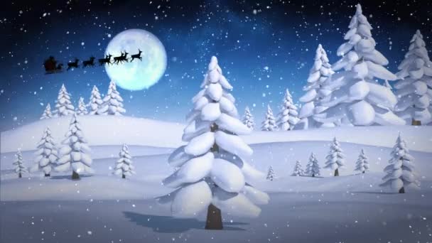 Анимация Санта Клауса Санях Северными Оленями Зимних Пейзажах Падающим Снегом — стоковое видео