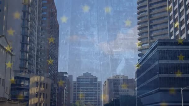Анимация Флага Европейского Союза Сканером Обработки Данных Над Современными Башенными — стоковое видео