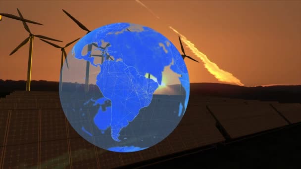 Animation Des Globus Über Windkraftanlagen Der Landschaft Globale Erwärmung Klimawandel — Stockvideo