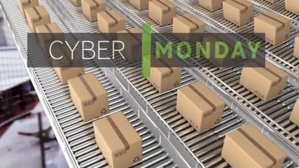 Animation Cyber Monday Text Cardboard Boxes Conveyor Belts Warehouse Global — Stock Video