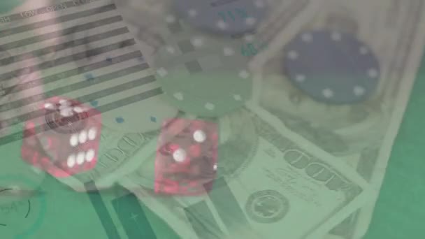 Animering Finansiella Data Bearbetning Över Två Tärningar Och Amerikanska Dollarsedlar — Stockvideo