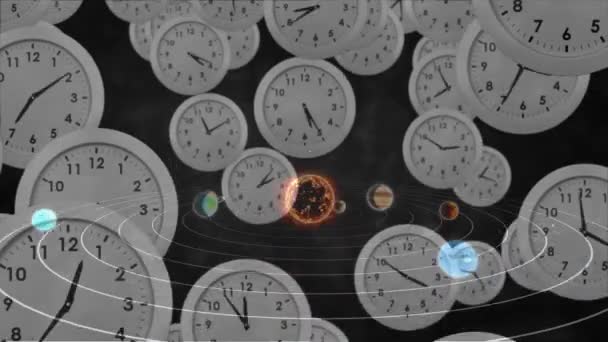 Animatie Van Zonnestelsel Planeten Ruimte Boven Tikkende Klokken Mondiaal Ruimte — Stockvideo