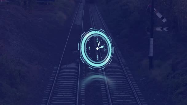 Animacja Zegara Poruszającego Się Szybko Nad Pociągiem Koncepcja Globalnego Biznesu — Wideo stockowe