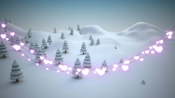 Kış Manzarasına Düşen Kara Karşı Parıldayan Kalp Şeklindeki Peri Işıkları — Stok video