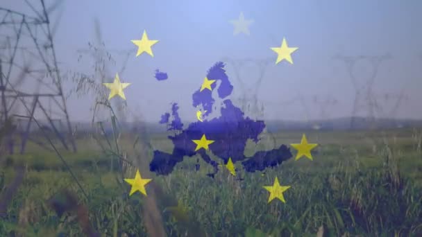 Animação Estrelas Rotativas Bandeira União Europeia Mapa Europa Sobre Postes — Vídeo de Stock