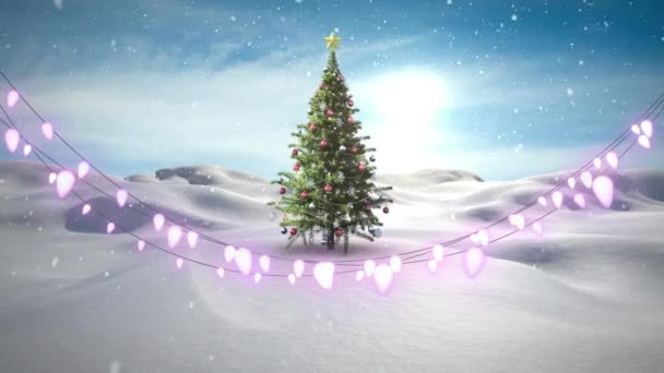 Fata Incandescente Luci Decorazione Contro Neve Che Cade Sopra Albero — Video Stock