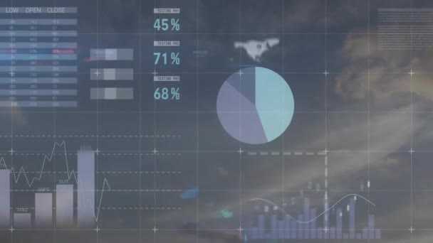 Animace Statistik Zpracovávaných Přes Mraky Nebe Globální Koncepce Zpracování Dat — Stock video