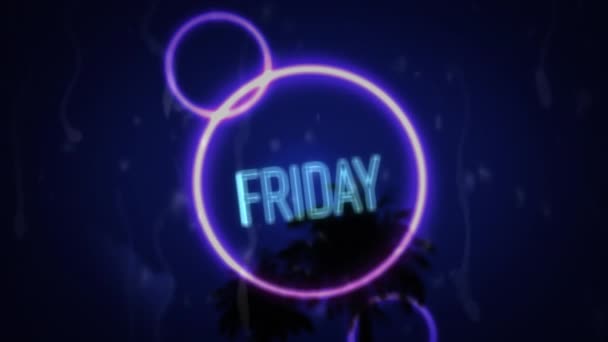 Animation Friday Text Blue Neon Pink Neon Circles Palm Tree — Stock Video