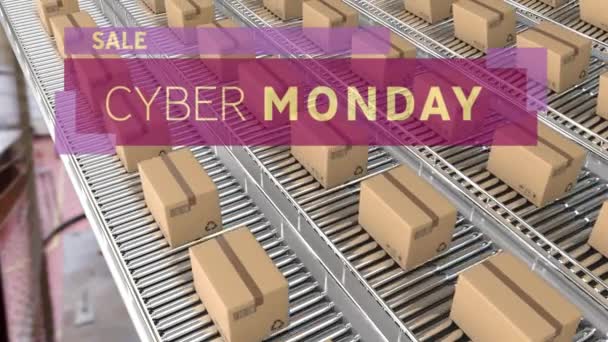 Animation Cyber Monday Text Cardboard Boxes Conveyor Belts Warehouse Global — Stock Video