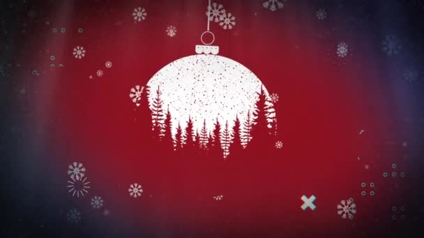 Abstracte Vormen Sneeuwvlokken Vallen Kerstballen Opknoping Decoratie Tegen Rode Achtergrond — Stockvideo