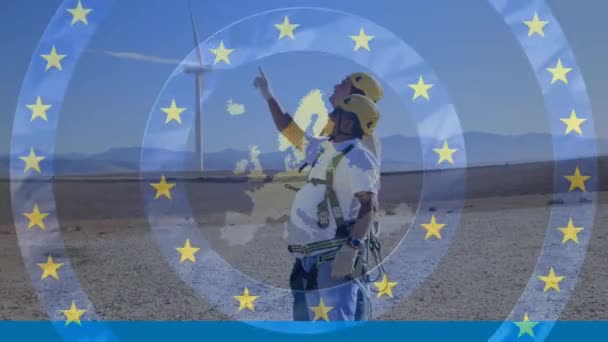 Animación Estrellas Azul Bandera Mapa Europa Sobre Ingenieros Aerogeneradores Unión — Vídeos de Stock