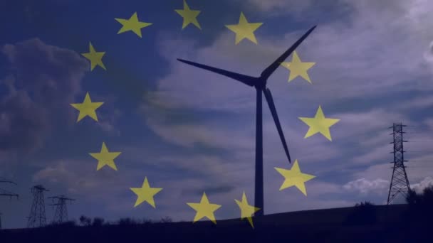 Animering Europeiska Unionens Flagga Över Roterande Vindkraftverk Och Elstolpar Fält — Stockvideo