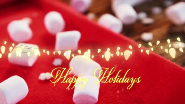 Κινούμενο Κείμενο Χαρούμενες Διακοπές Κίτρινο Πάνω Από Φώτα String Marshmallows — Αρχείο Βίντεο