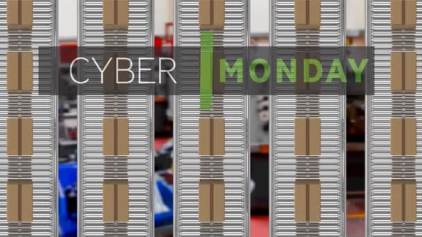 Animatie Van Cyber Monday Tekst Kartonnen Dozen Transportbanden Magazijn Wereldwijd — Stockvideo