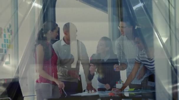 Animation Escalator Business People Talking Modern Office Business Finance Networking — Stock Video
