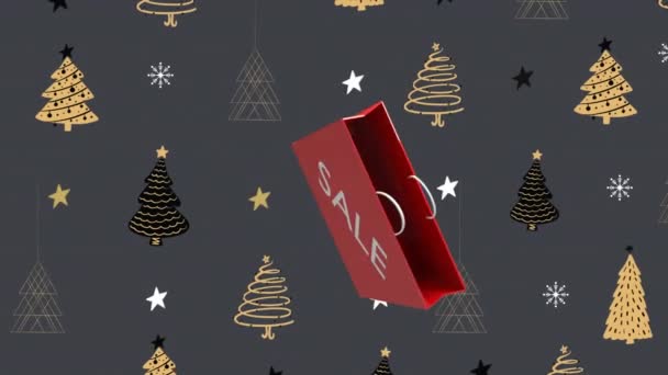 Texto Venta Bolsa Compras Roja Flotando Contra Árbol Navidad Estrellas — Vídeos de Stock