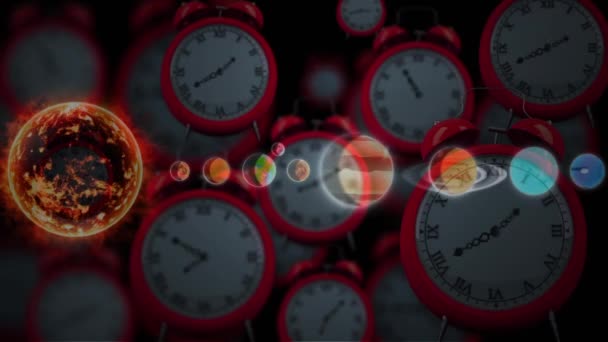 Animação Sistemas Solares Planetas Espaço Sobre Relógios Ticking Conceito Global — Vídeo de Stock