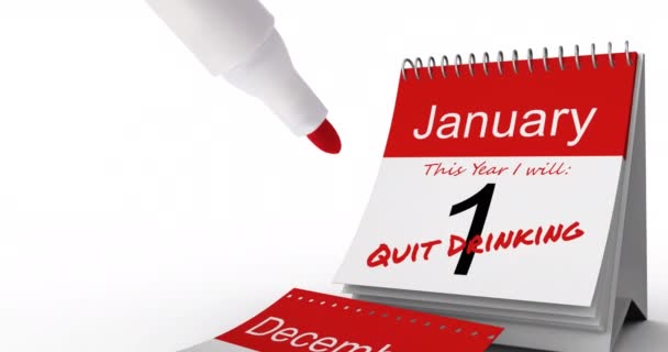 在1月1日的日历表上 用红笔动画 停止用红字饮酒 一月干燥症 酒精意识运动及新年健康护理概念数码影片 — 图库视频影像