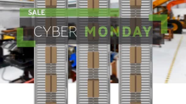 Animacja Cyber Poniedziałkowego Tekstu Nad Kartonowymi Pudełkami Taśmach Przenośnikowych Magazynie — Wideo stockowe