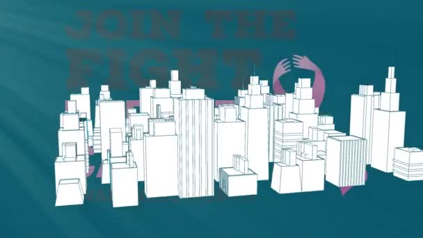 3D都市図上の戦いのテキストに参加するアニメーション 世界規模のデータ処理乳がんの認知度とアーキテクチャの概念デジタルで生成されたビデオ — ストック動画