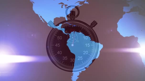 Animatie Van Stopwatch Gloeiende Lichten Wereldkaart Mondiaal Bedrijfs Milieuconcept Digitaal — Stockvideo