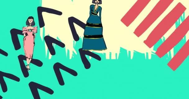 Animace Módních Kreseb Dámských Šatů Nad Abstraktními Tvary Modrém Pozadí — Stock video