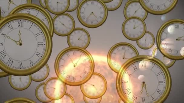 Animation Von Sonnensystem Planeten Und Weltraum Über Tickenden Uhren Globales — Stockvideo