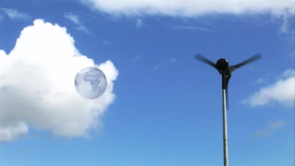 Animace Zeměkoule Nad Větrnou Turbínou Venkově Globální Oteplování Změna Klimatu — Stock video
