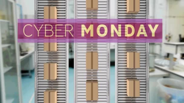 Animatie Van Cyber Monday Tekst Kartonnen Dozen Transportbanden Magazijn Wereldwijd — Stockvideo