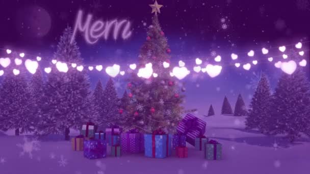Animation Glada Helgdagar Textsträngar Glödande Jul Älva Ljus Och Julgran — Stockvideo