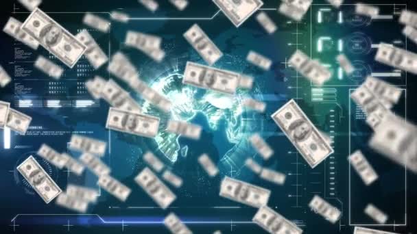 Animation American Dollar Banknotes Falling Globe Statistics Data Processing Global — Stock Video