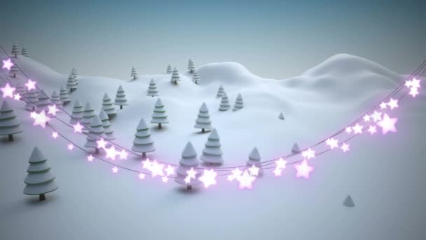 Светящиеся Огни Форме Звезды Украшают Снег Падающий Зимний Пейзаж Рождественский — стоковое видео