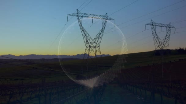 Animación Globo Brillante Sobre Pilones Electricidad Concepto Global Electricidad Energía — Vídeos de Stock