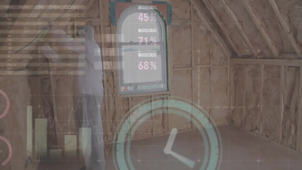 Animação Relógio Estatísticas Processamento Dados Sobre Casa Isolante Homem Conceito — Vídeo de Stock