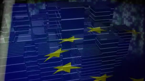 Animación Bandera Unión Europea Sobre Modelo Rotatorio Edificios Gran Altura — Vídeo de stock