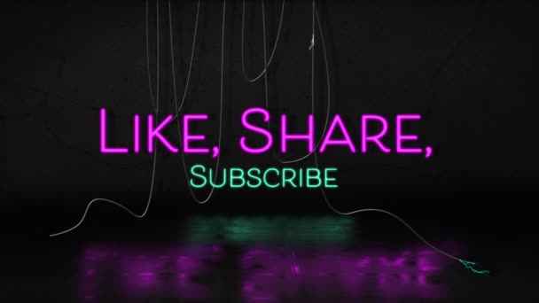 Animation Share Subscribe Text Ροζ Και Μπλε Νέον Καλώδια Μαύρο — Αρχείο Βίντεο