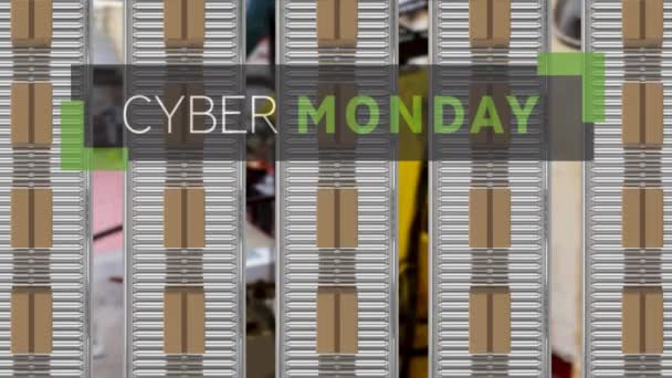 Анимация Текста Понедельник Картонным Коробкам Конвейерных Лентах Складе Глобальные Онлайн — стоковое видео