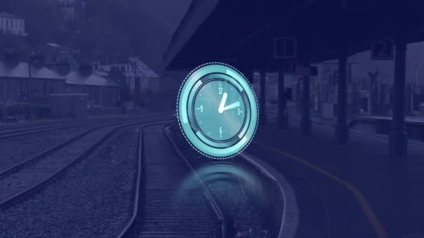 Animación Del Reloj Moviéndose Rápido Sobre Estación Tren Concepto Global — Vídeos de Stock