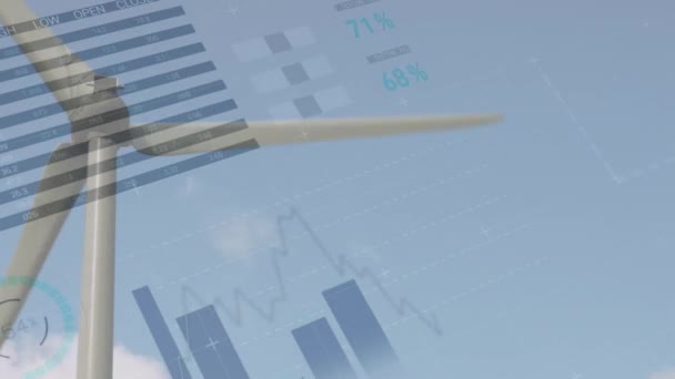 Animação Processamento Estatísticas Sobre Turbinas Eólicas Conceito Aquecimento Global Ambiente — Vídeo de Stock