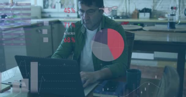 Animación Del Procesamiento Estadísticas Financieras Sobre Hombre Utilizando Ordenador Portátil — Vídeos de Stock