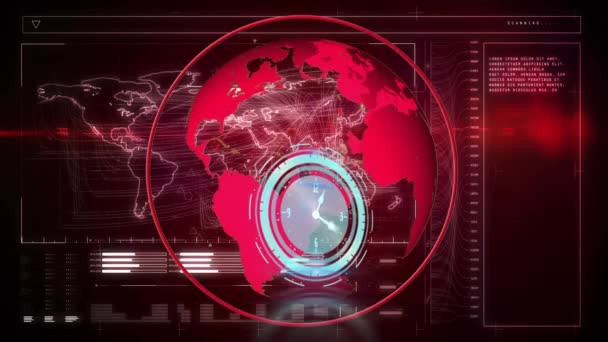 Animación Reloj Sobre Globo Procesamiento Datos Pantallas Negocio Global Procesamiento — Vídeos de Stock